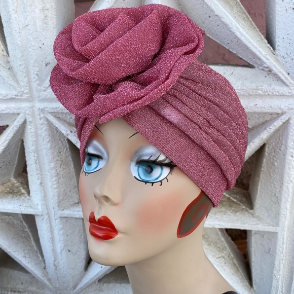 Baby Pink Gorgeous sparkle metallic flower turban cloche - Picture 1 of 4